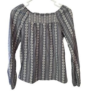 Arizona Denim Co Blue White Floral Boho Smocked Blouse Shirt Size Junior Large